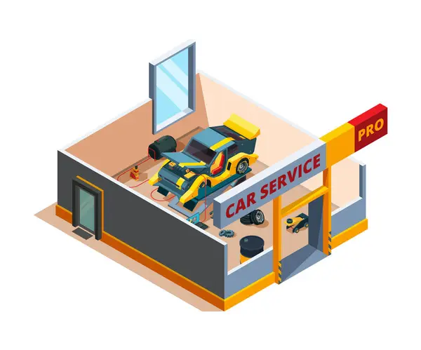 Serviço Automóvel Isométrico Carro Garagem Reparação Detalhes Seção Transversal Quarto —  Vetores de Stock