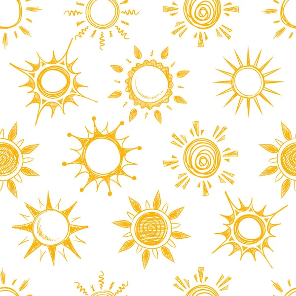 Lustige Gelbe Sommersonne Vektor Nahtlose Muster Hintergrund Mit Sonnenskizze Illustration — Stockvektor