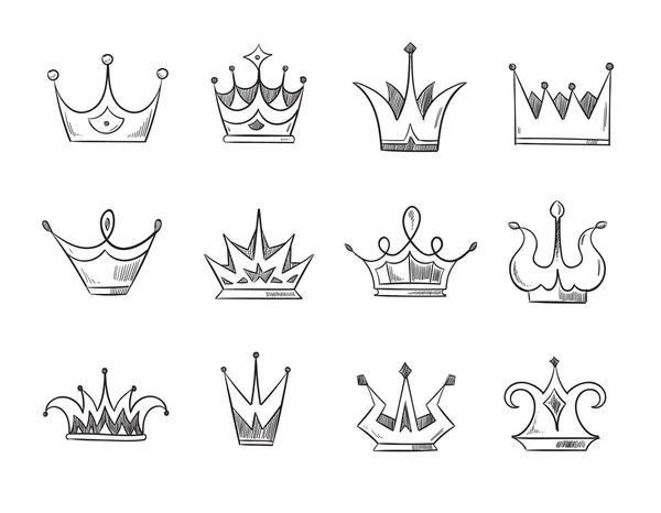 手描き落書き貴族クイーンズ クラウン ベクトル セット行の王冠の王子または君主のための王冠のイラスト — ストックベクタ
