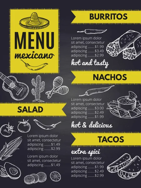 Masakan Meksiko Tradisional Templat Desain Menu Restoran Meksiko Dengan Burrito - Stok Vektor