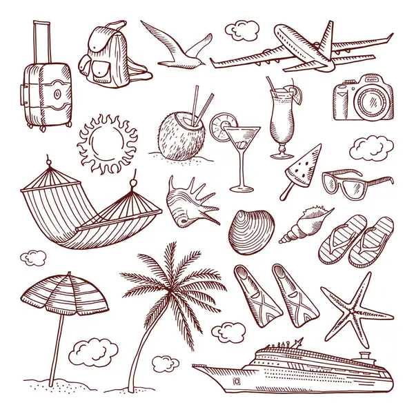 Summer Time Theme Hand Drawn Style Vector Doodles Icon Set — Stock Vector