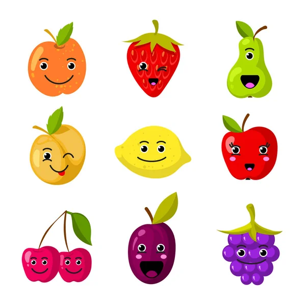 Crianças Bonitos Personagens Vetor Frutas Com Rostos Sorridentes Engraçados Cara —  Vetores de Stock