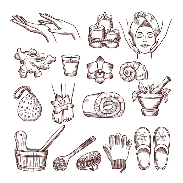 Doodle Fotos Definidas Para Relaxar Massagem Salão Spa Ilustrações Aromaterapia — Vetor de Stock