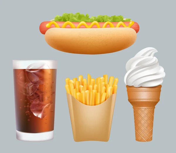Fast Food Gerçekçi Abur Cubur Sosislileri Soğuk Içecek Dondurma Kızartma — Stok Vektör