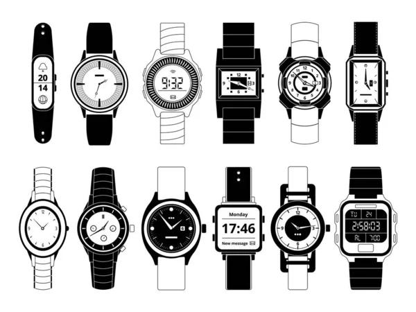 机械和电子体育手手表以单色样式 矢量图片在白色上设置隔离 手表数字电子和机械 时尚和体育插图 — 图库矢量图片
