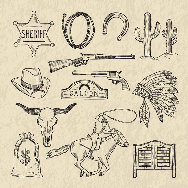 Monochrome hand drawn illustrations of different wild west symbols. Western pictures set isolate. Wild west vintage, cactus and sheriff star vector