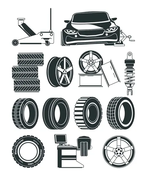 Монохромних Ілюстрацій Шин Обслуговування Символи Колеса Автомобілів Авто Послуги Ремонту — стоковий вектор