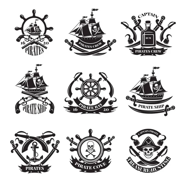 Crânio Pirata Navios Corsários Símbolos Pirataria Conjunto Etiquetas Monocromáticas Emblema — Vetor de Stock
