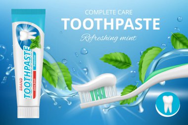 Diş macunu reklamları. Taze ve sağlıklı diş macunu vektör illüstrasyonunun reklam afişi gerçekçi. Hijyen ve bakım için beyazlatıcı diş macunu, diş sağlığı, temiz ağız sağlığı