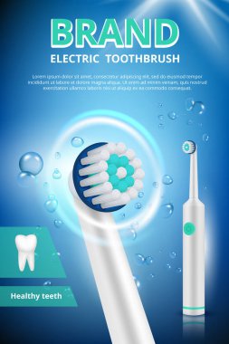 Elektrikli diş fırçası. Diş fırçasının, temiz hijyen tıbbi konsept vektör resminin, dişçi posteri tanıtımı. İllüstrasyon diş fırçası, hijyen elektrikli fırça