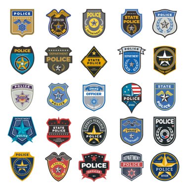 Police badges. Officer security federal agent signs and symbols police protection vector logo. Illustration of federal police, policeman insignia, officer badge clipart