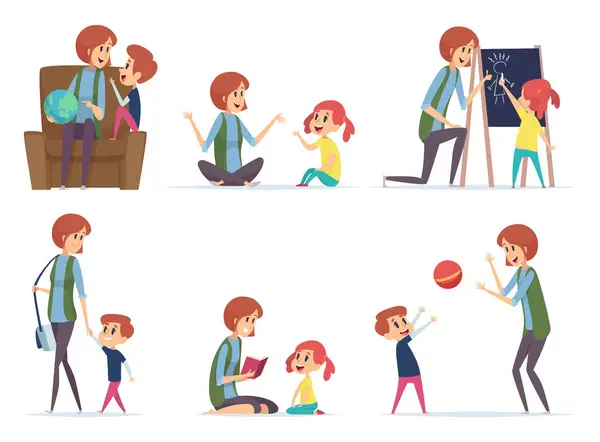 Babysitters Nanny Playing Kids Preschool Childrens Busy Parents Mom Vector — Stock Vector