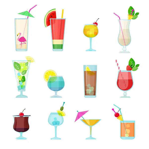 Cocktailsammlung Alkoholische Sommergetränke Flüssige Nahrung Gläsern Mojito Wodka Sambuca Martini — Stockvektor