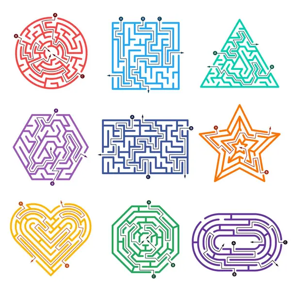 Labyrinthe Jeu Labyrinthe Chemin Avec Diverses Portes Entrée Sorties Formes — Image vectorielle