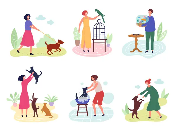 People with pets. Dog cats fishes birds rabbits love for domestic animals vector characters. Illustration bird and fish, dog and cat with owner
