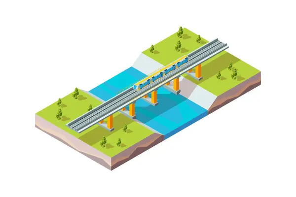 Wiadukt Kolejowy Pociąg Miejski Nad Rzeką Nowoczesna Infrastruktura Miejska Wektor — Wektor stockowy