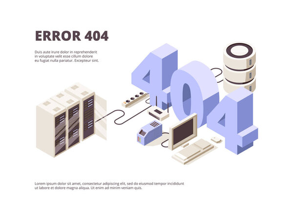404 page. Web technology error hosting problems computer server falling vector landing layout isometric. Internet page with 404 error illustration