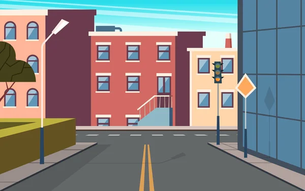 City Street Cartoon Městská Struktura Budovy Křižovatka Vektor Panoramatický Venkovní — Stockový vektor