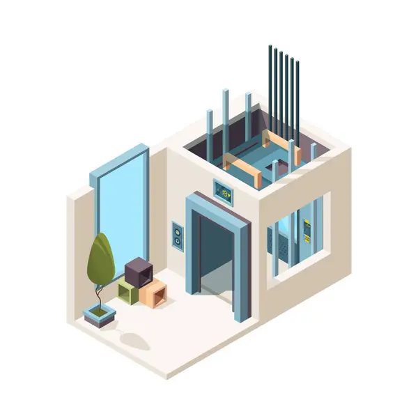 Ascenseur Bâtiment Machine Hall Ascenseur Cabine Mécanisme Dans Maison Appartement — Image vectorielle
