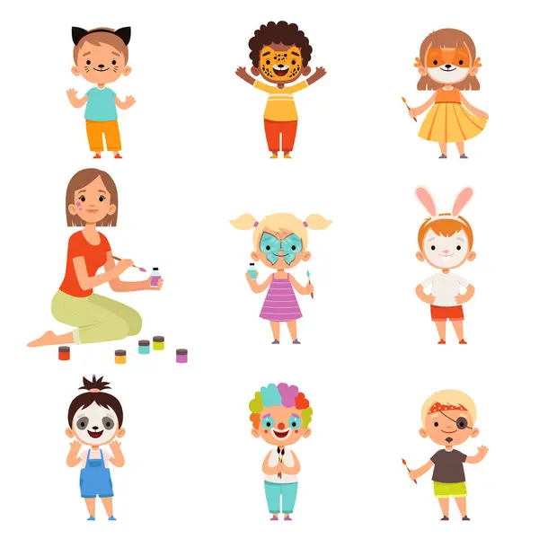 Çocuklar Resim Yapar Animasyon Çizimi Çocuk Partisi Kostümleriyle Oynamak Makyaj — Stok Vektör