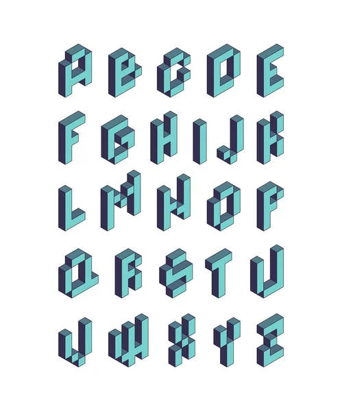 Pixel Lettertype Isometrische Video Game Alfabet Retro Stijl 90S Kubieke — Stockvector