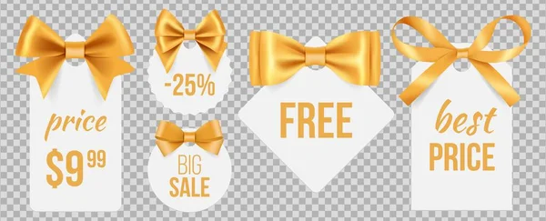 Sale Tags Gold Silk Bows Promo Badges Vector Holidays Sale — Stock Vector