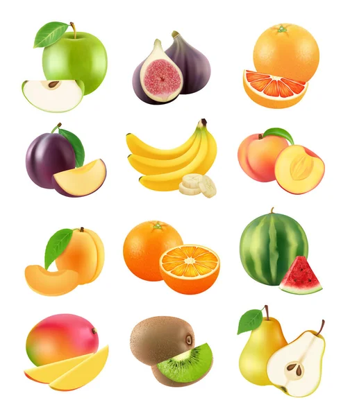 Frutas Fatiadas Vegetariano Alimentos Agricultura Objetos Ameixa Laranja Banana Pêra —  Vetores de Stock