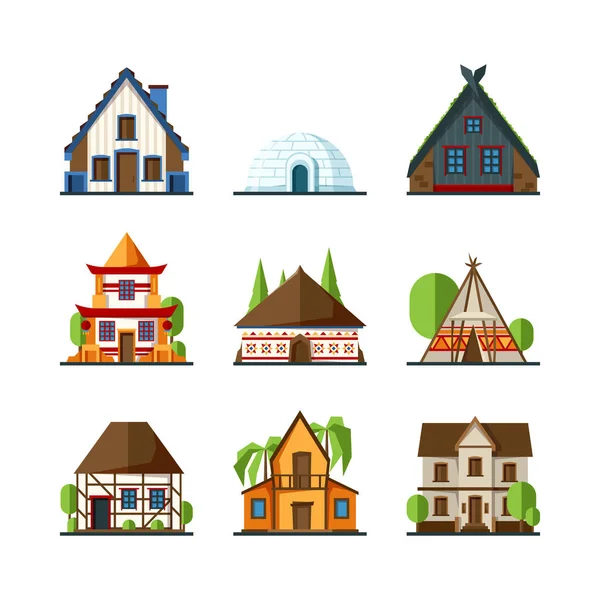 传统的房子 印度亚洲农村建筑欧罗巴和非洲建筑矢量平房 Igloo立面建筑 模型不同的家为城镇插图 — 图库矢量图片
