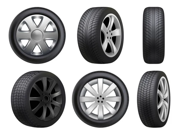 车轮现实 轮胎道路维修病媒汽车3D汽车项目收集 汽车轮胎 汽车设备项目 现实的黑色橡胶轮胎图解 — 图库矢量图片