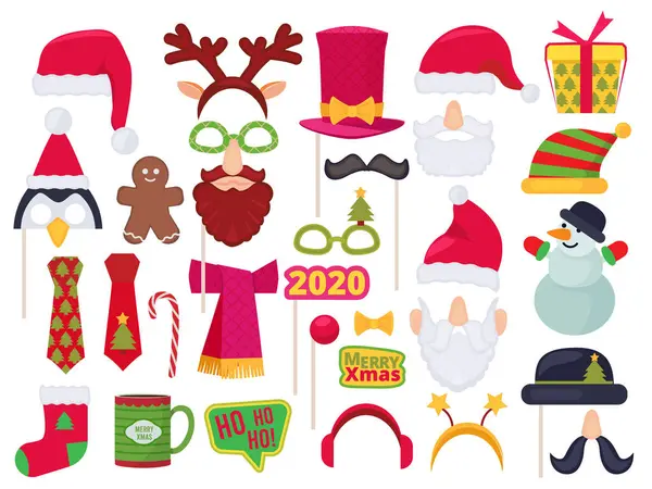 Xmas Booth Holidays Funny Characters Costumes Hats Photo Session Party — Stock Vector