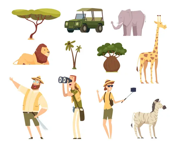 非洲狩猎之旅 野生动物旅行的汽车肯亚丛林里的人物矢量卡通集 丛林非洲 非洲野生动物 狩猎哺乳动物图解 — 图库矢量图片