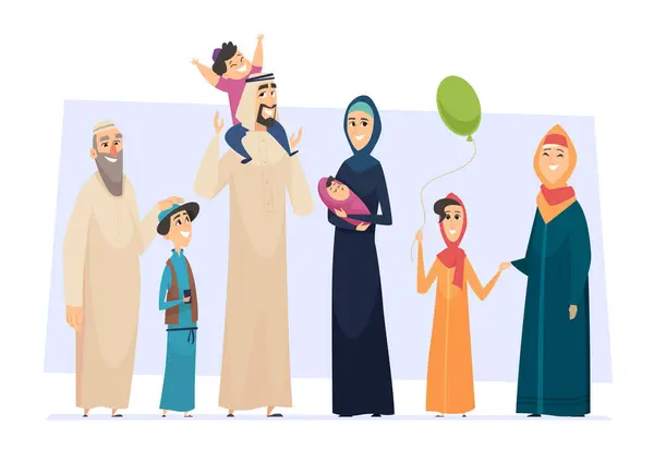 アラビア系 男性と女性のイスラム教徒幸せな人父親の母親の子供や高齢者ベクトルサウジアラビア人の人々 イスラム教徒の家族の父親の母親と少年少女のイラスト — ストックベクタ