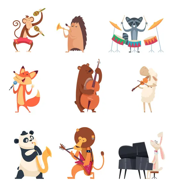 拥有乐器的动物 动物园音乐家娱乐可爱的声乐歌曲乐队病媒卡通人物 带乐器的熊猫和刺猬 狮子音乐作画 — 图库矢量图片