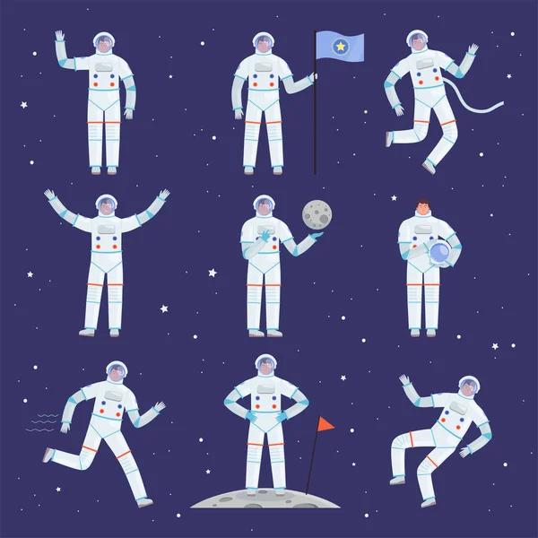 Astronautes Personnages Spaceman Personnes Action Pose Ensemble Vêtements Professionnels Costume — Image vectorielle