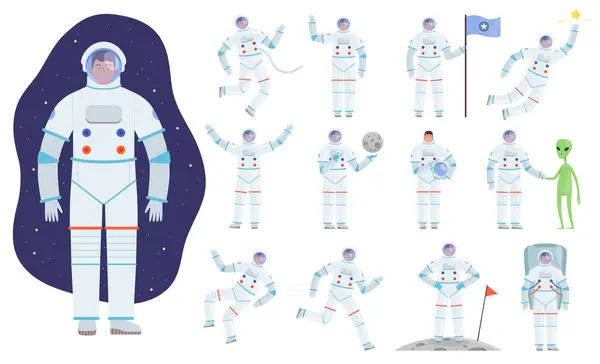 宇航员的服装 宇航员矢量平面人物的职业服装动作姿势 航天员或穿着宇航服的宇航员 服装航天员专业图解 — 图库矢量图片