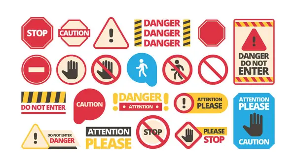 Attention Boards Admittance Symbols Stop Hand Red Framed Attention Forbidden — Stock Vector