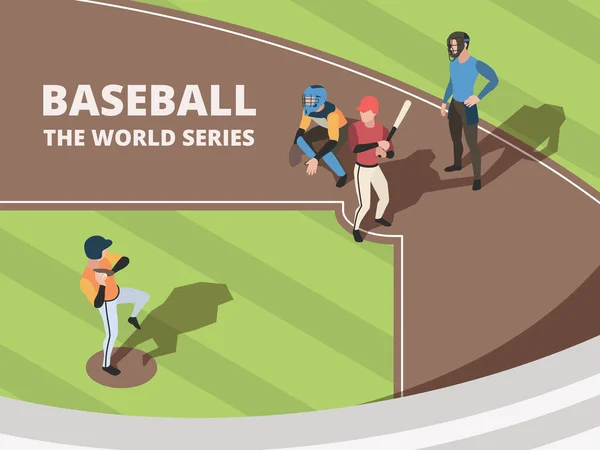 Baseball Field Sport Team Players Playing Baseball Stadium Characters Action — Stock Vector