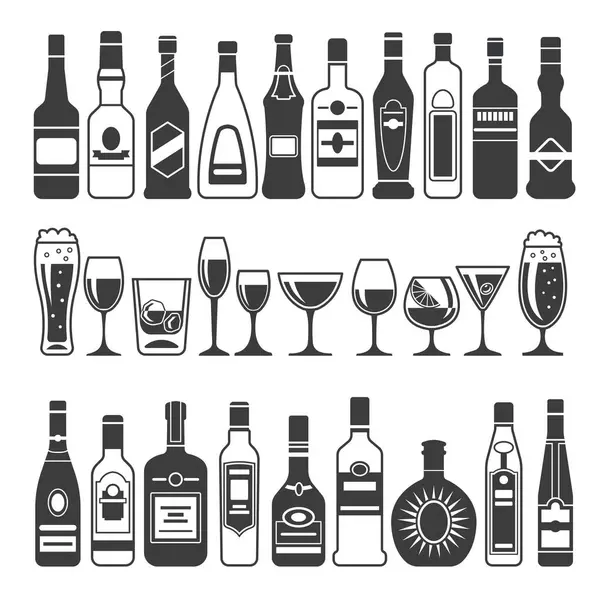 Monochromatyczne Ilustracje Czarny Zdjęcia Butelek Alkoholu Wektor Logo Lub Etykietę — Wektor stockowy