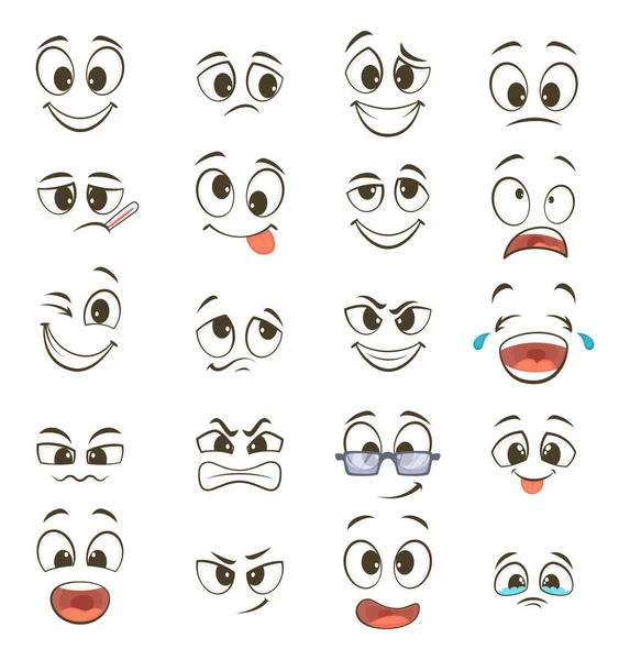 卡通笑脸的不同表达式 矢量图 快乐的笑脸情感 有趣的字符图释漫画 — 图库矢量图片