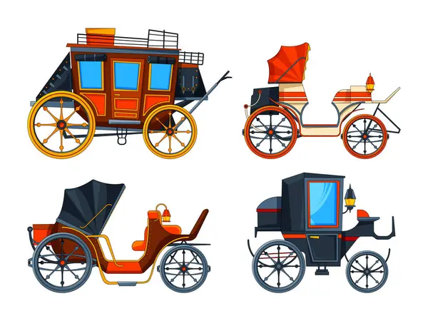 Carriage Flat Style Illustrations Set Various Chariot Vector Collection Cart — Stock Vector