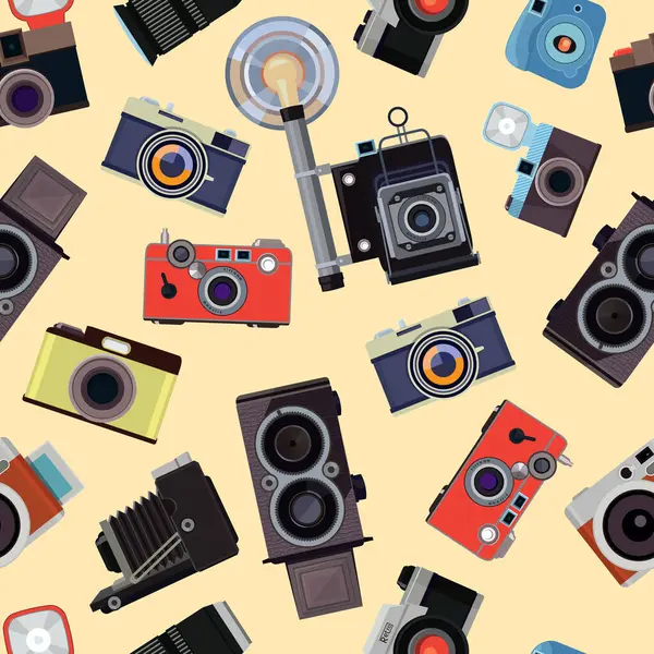 Cartoon Seamless Pattern Illustrations Retro Photo Cameras Photo Equipment Flash — Stock Vector