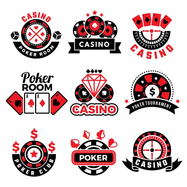 Kasino Abzeichen Glücksspiel Pokerspiel Chips Würfel Bilder Karten Vektor Embleme — Stockvektor