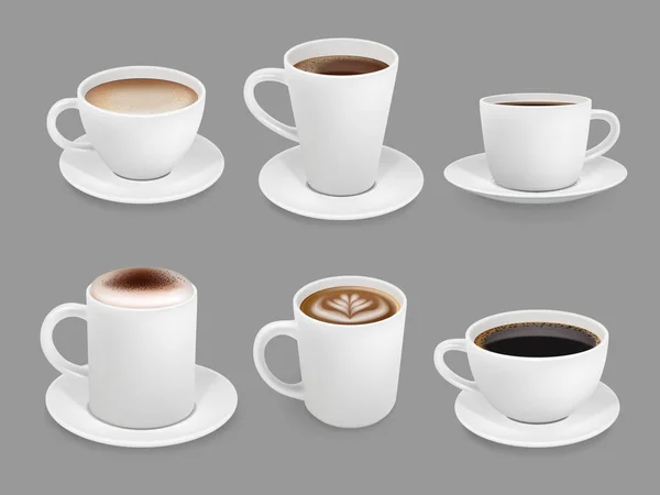 Coffee cup collection. Hot drinks with foam and steam smelling beverage top view cup with liquids coffee espresso and cappuccino vector. Coffee and cappuccino, espresso hot drink illustration