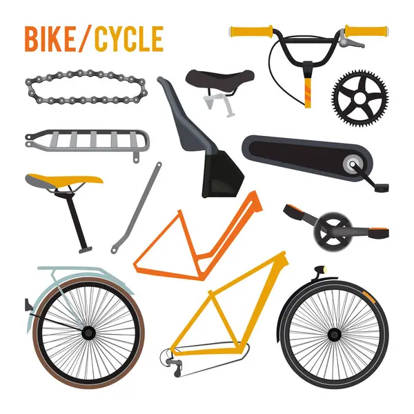 Konstruktör Olika Cykeldelar Och Utrustning Vektor Cykel Hjul Och Delar — Stock vektor