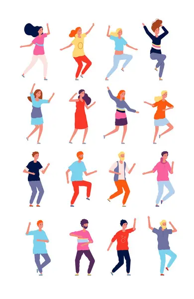 Танцующие Персонажи Молодые Люди Действии Позируют Смешных Векторных Персонажей Вечеринки — стоковый вектор