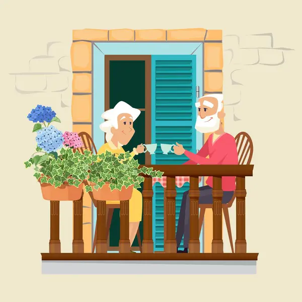 Elderly Couple Balcony Neighborhood Stay Home Concept Cute Old Man — Stock Vector