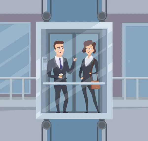 Fahrstuhlgespräche Geschäftsleute Dialogisieren Fahrstuhl Business Gespräch Vektor Cartoon Figur Geschäftsmann — Stockvektor