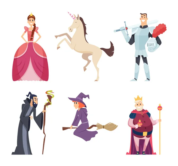 おとぎ話の登場人物 クイーンウィザードファンタジーマスコット王国の男の子の女の子の動物のベクトル漫画の写真 プリンセスと魔女妖精の魔法騎士王のイラスト — ストックベクタ