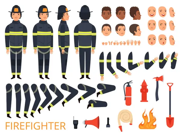 消防士の文字 消防士の体の部分やプロ仕様のツールを特別な制服消火シャベル斧ベクトルと戦います 消防士コンス トラクター プロの制服のイラスト — ストックベクタ