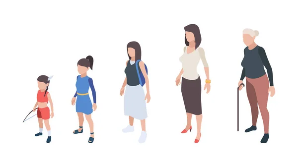 Generaciones Personas Niños Niñas Hija Mujer Madre Abuela Vector Isométricos — Vector de stock